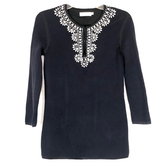 Tory Burch Navy Blue Beaded Long Sleeve Tunic Sweater XS - Picture 1 of 10